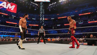 Seth Rollins and Edge face off in a match at SummerSlam. Photo: WWE