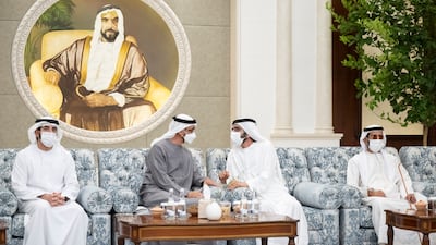 Sheikh Mohammed bin Rashid expresses his condolences to Sheikh Mohamed as Sheikh Hamdan bin Mohammed, Crown Prince of Dubai, and Sheikh Tahnoun bin Mohamed, the Ruler's Representative in Al Ain Region, look on.