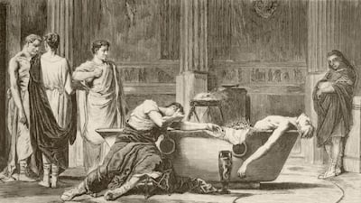 An engraving from the 19th century depicting the suicide of Seneca, undertaken on Nero’s orders. Universal History Archive / Getty Images/ April 2014