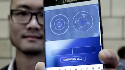 Jonathan Wong of Samsung's Knox Product Marketing, shows the iris scanner feature of the Galaxy Note 7. Richard Drew / AP Photo