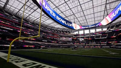 A closer look at the endzone inside SoFi Stadium, where the Los Angeles Rams will take on the Cincinnati Bengals in Super Bowl LVI. EPA