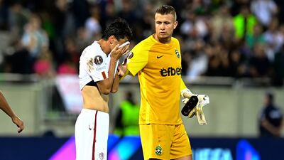 Roma goalscorer Eldor Shomurodov and goalkeeper Sergio Padt after the 2-1 defeat in Razgrad. EPA