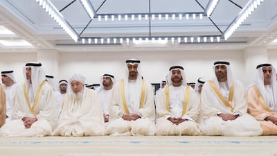 Lt General Sheikh Saif bin Zayed, Sheikh Saeed bin Zayed, Sheikh Saif bin Mohamed, Sheikh Mohamed bin Zayed, Shaykh Abdallah bin Bayyah, Sheikh Hazza bin Zayed, Vice Chairman of the Abu Dhabi Executive Council. Rashed Al Mansoori / Ministry of Presidential Affairs