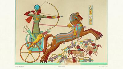 Battle of Ramses II against the Hittites, on the banks of the Orontes; Theben, (Histoire de l’art égyptien, Table 102). Courtesy Taschen