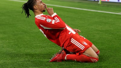 Michael Olise celebrates Bayern's winner that made it 4-3 on the night in the second leg at the Allianz Arena. Getty Images