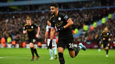 Riyad Mahrez of Manchester City celebrates after scoring his sides first goal against Aston Villa at Villa Park on Sunday. Getty Images