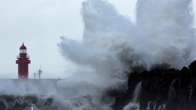 Waves strike Jeju Island in South Korea as Typhoon Hinnamnor approaches. AP