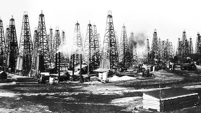 Above, a cluster of oil derricks close together in the Spindletop field during the early boom of the 1900s near Beaumont, Texas, USA. AP Photo