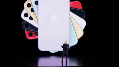 Apple CEO Tim Cook talks about the latest iPhone during an event to announce new products Tuesday, Sept. 10, 2019, in Cupertino, Calif. (AP Photo/Tony Avelar)