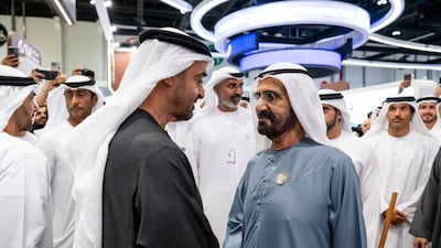 President Sheikh Mohamed with Sheikh Mohammed bin Rashid, Vice President and Ruler of Dubai, at the Make it in the Emirates summit in Abu Dhabi. All photos: UAE Presidential Court