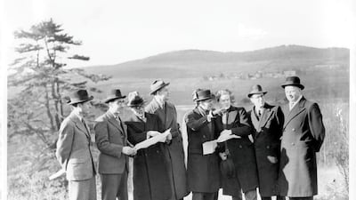 United Nations Organization site pickers inspect Archibald Rogers's estate at Hyde Park on January 11 1946. From left: Francois Briere, France; Awn el Khalidi, Iraq; Dr. Shu Hsi-hsu, China; Huntington Gilchrist, United States; Dr. Stoyan Gavrilovich, Yugoslavia; Maj. K. G. Younger, United Kingdom; Julio A. Lacarte, Uruguay; and Georgia Saksin, USSR. Getty Images
