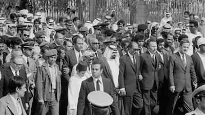 Numerous heads of state attend the funeral ceremonies of Saudi King Faysal in 1975. Among them, his successor King Khaled, Chairman of the Palestine Liberation Organization (PLO) Yasser Arafat, President of the Republic of Egypt Anwar al Sadat, Algerian President Houari Boumedienne, and President of Syria Hafez El Assad. Photo: Sygma via Getty Images