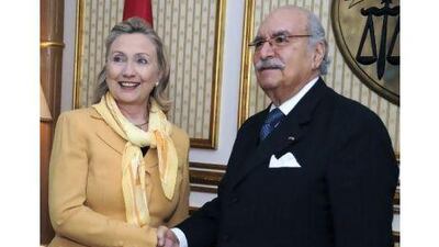 Hillary Clinton, the US secretary of state, with Fouad Embazza, Tunisia's interim president,in Tunis yesterday.