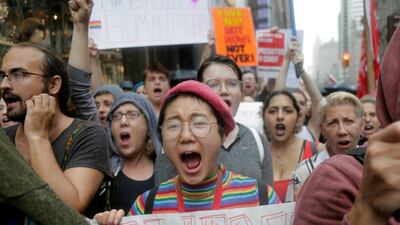 Protesters rally in front of Trump Tower in New York City. Seth Wenig / AP Photo