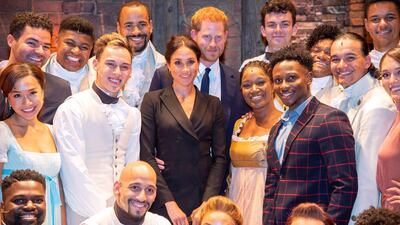 Meghan, Duchess of Sussex and Prince Harry meet the cast and crew of 'Hamilton' after a gala performance at Victoria Palace Theatre on August 29, 2018 in London, England. Getty Images