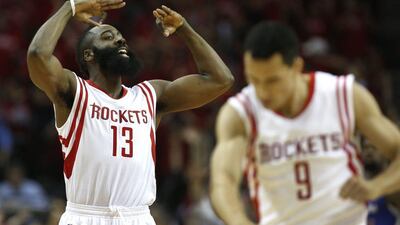 Houston Rockets guard James Harden reacts during his team's NBA play-offs second round series win in Game 2 against the LA Clippers on Wednesday. James Nielsen / Houston Chronicle / AP / May 6, 2015
