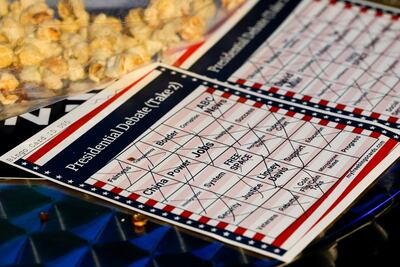 A debate bingo card is seen during the presidential debate between Donald Trump and Kamala Harris. AP