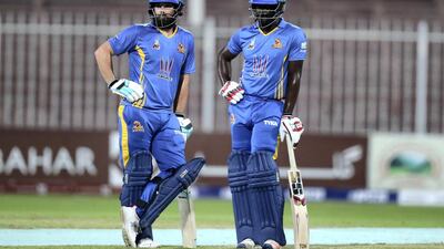 Sharjah, United Arab Emirates - October 17, 2018: Andre Fletcher (R) and Anton Devcich of the Nangarhar Leopards bats during the game between Balkh Legends and Nangarhar Leopards in the Afghanistan Premier League. Wednesday, October 17th, 2018 at Sharjah Cricket Stadium, Sharjah. Chris Whiteoak / The National