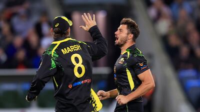Marcus Stoinis of Australia celebrates taking the wicket of Harry Brook of England. Getty