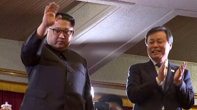 North Korean leader Kim Jong-un and South Korea's Culture Minister Do Jong-hwan during a performance of the South Korea's art troupe at the East Pyongyang Grand Theatre in Pyongyang. EPA