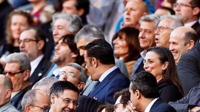 epa08238025 FC Barcelona's president Josep Maria Bartomeu (L) and Eibar's president Amaia Gorostiza (2-L) attend the Spanish La Liga soccer match between FC Barcelona and SD Eibar at Camp Nou in Barcelona, Spain, 22 February 2020. EPA/ALBERTO ESTEVEZ