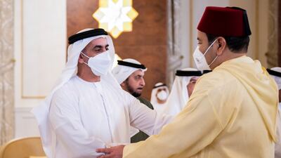 Sheikh Saif bin Zayed, Deputy Prime Minister and Minister of Interior, speaks with Prince Moulay Rachid of Morocco. Rashed Al Mansoori / Ministry of Presidential Affairs