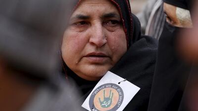 The mother of a missing Kashmiri youth weeps as she takes part in a sit-in protest organised by the Association of Parents of Disappeared Persons (APDP) on the occasion of International Human Rights Day in Srinagar. Danish Ismail / Reuters