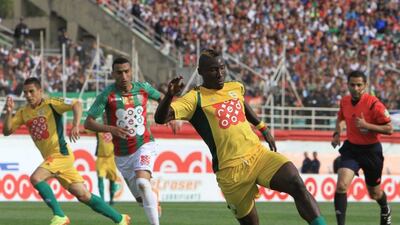 JS Kabylie striker Albert Ebosse of Cameroon controls the ball during the final of the Algerian soccer Cup in Blida near the Algerian capital, Algiers. Ebosse died after being hit in the head by an object thrown from the crowd at a top-flight league game in Algeria on August 23, 2014. (AP Photo)