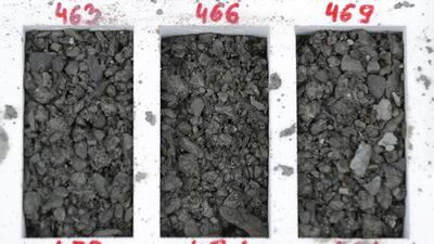 Cutting samples, ordered in the depth of their extraction and labelled in metres on display at the oil drilling site of the Millenium Geo-Venture company in Soufflenheim. Vincent Kessler / Reuters