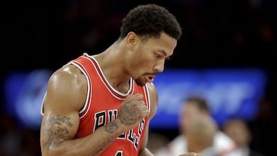 Derrick Rose pumps his first during Chicago's win over New York in the NBA on Wednesday night at Madison Square Garden in New York City. Frank Franklin II / AP / October 29, 2014