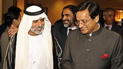 Sheikh Nahyan bin Mubarak, the Minister of Higher Education and Scientific Research attends a reception in honour of Dr Shashi Tharoor, the Indian minister of state for external affairs, right.