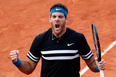 Juan Martin del Potro celebrates after beating John Isner to reach the French Open quarter-finals. Christophe Ena / AP Photo