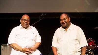 Musicians Fred Wesley, left, and ‘Pee Wee’ Ellis, at New York University Abu Dhabi on Saadiyat Island last week. Christopher Pike / The National