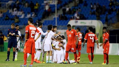UAE celebrate Ali Mabkhout’s goal in the Gulf Cup of Nations’ third-place play-off game against Oman in Riyadh last night. Courtesy Al Ittihad