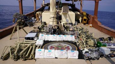 An image released by Centcom of what it says was an Iranian weapons shipment destined for Yemen's Houthi rebels. Centcom / AFP
