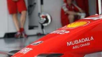 A Ferrari F1 car at the Bahrain Grand Prix bearing the Mubadala logo.