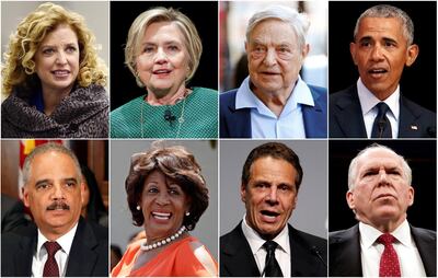 The political figures targeted by suspicious packages: Top, left to right: US Rep Debbie Wasserman Schultz, Hillary Clinton, Democratic Party donor George Soros and Barack Obama. Bottom, left to right: former US Attorney General Eric Holder, US Congresswoman Maxine Waters, New York Governor Andrew Cuomo and Former CIA director John Brennan. Reuters
