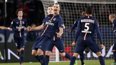 Zlatan Ibrahimovic of Paris Saint-Germain reacts after scoring the winner, his second goal, in PSG's 2-1 win over Nantes in Ligue 1 on Saturday. Yoan Valat / EPA / December 6, 2014