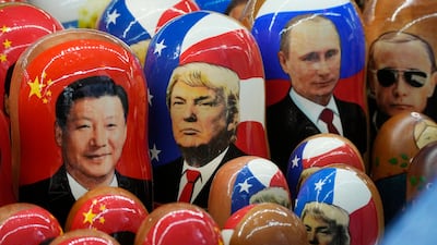 Matryoshka depicting Chinese President Xi Jinping, US President Donald Trump and Russian President Vladimir Putin at a souvenir shop in St Petersburg, Russia. AP