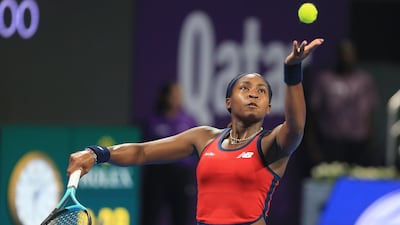 Coco Gauff serves to Katerina Siniakova at the Qatar Open last week. AP: