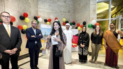 Latifah Khoory speaking at the inauguration of the Emirati-German Buddy Bear "Sadeeq"