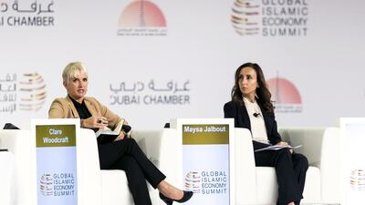 Clare Woodcraft, chief executive of Emirates Foundation, left, and Maysa Jalbout, chief executive of Abdulla Al Ghurair Foundation for Education, at the second plenary session of the Global Islamic Economy Summit 2016. Reem Mohammed / The National