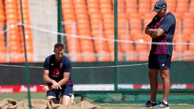 England captain Joe Root and coach Chris Silverwood in spect the pitch. AP