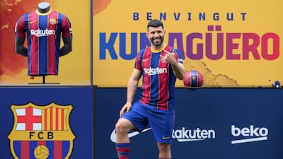 Sergio Aguero after being unveiled as a Barcelona player at Camp Nou in May, 2021. AFP