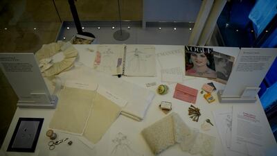 Items from the design process of the wedding dress of Princess Diana created by David and Elizabeth Emanuel are also on display. AP Photo