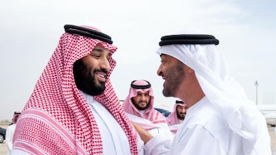 JEDDAH, SAUDI ARABIA - August 12, 2019: HH Sheikh Mohamed bin Zayed Al Nahyan, Crown Prince of Abu Dhabi and Deputy Supreme Commander of the UAE Armed Forces (R) bids farewell to with HRH Prince Mohamed bin Salman bin Abdulaziz, Crown Prince, Deputy Prime Minister and Minister of Defence of Saudi Arabia (L), at King Abdulaziz International Airport. ( Mohammed Al Hammadi / Ministry of Presidential Affairs ) ---