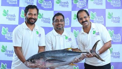 Shan Kadavil (C), co-founder and chief executive of Fresh To Home, sees immense growth potential in fish and meat e-commerce industry. Courtesy Fresh To Home