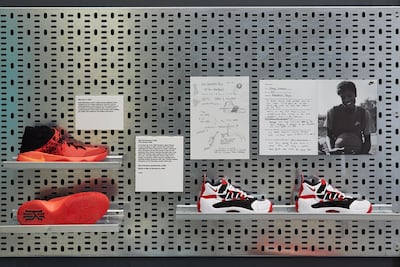 A display wall at the Design Museum, showing the Nike Kyrie 2, designed in 2016 by basketball player Kyrie Irving. Courtesy Design Museum