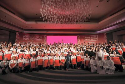 Hundreds of athletes cheer as they mark 100 days to go until the games in March. Chris Whiteoak / The National