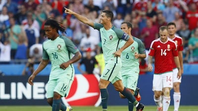 Portugal’s Cristiano Ronaldo celebrates after scoring their third goal against Hungary in their Euro 2016 Group F match in Lyon. Jason Cairnduff / Reuters
